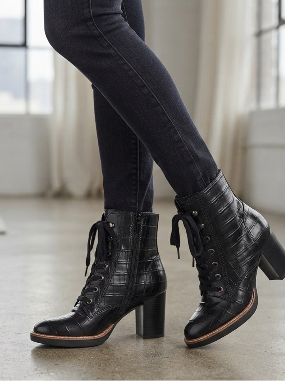 Naturalizer Black Croc-Embossed Lace-Up Block Heel Boots